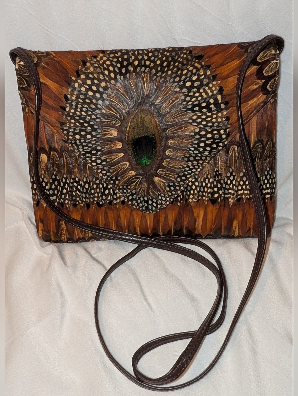 Comeco Peacock And Quail Feather And Leather Crossbody Bag Brown Multi VGUC